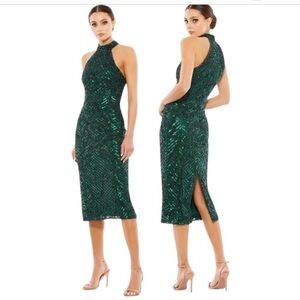 MAC DUGGAL Bottle Dark Green EMBELLISHED HALTER MIDI DRESS Wedding Event Size 6